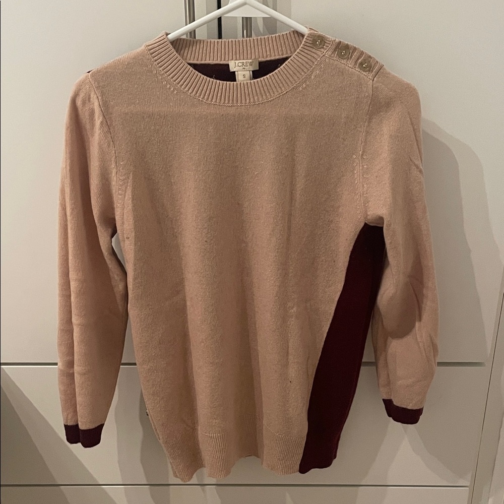 J. Crew Women's Beige and Burgundy Crew Neck Sweater with Elbow Patches